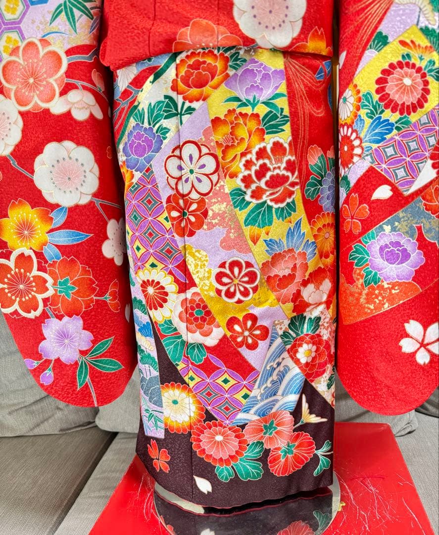 7歳七五三　フルセット　赤系着物　草履バッグ付き