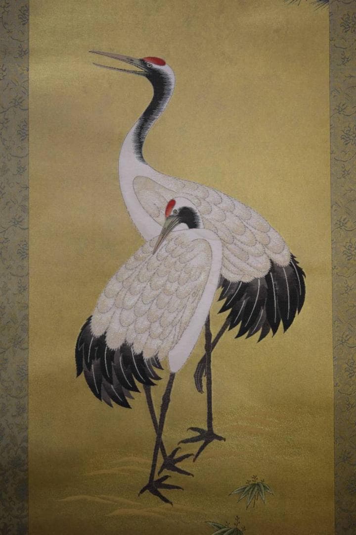 不詳/螺鈿/双鶴図/織物/桐共箱太巻二重箱付/布袋屋掛軸HD-918