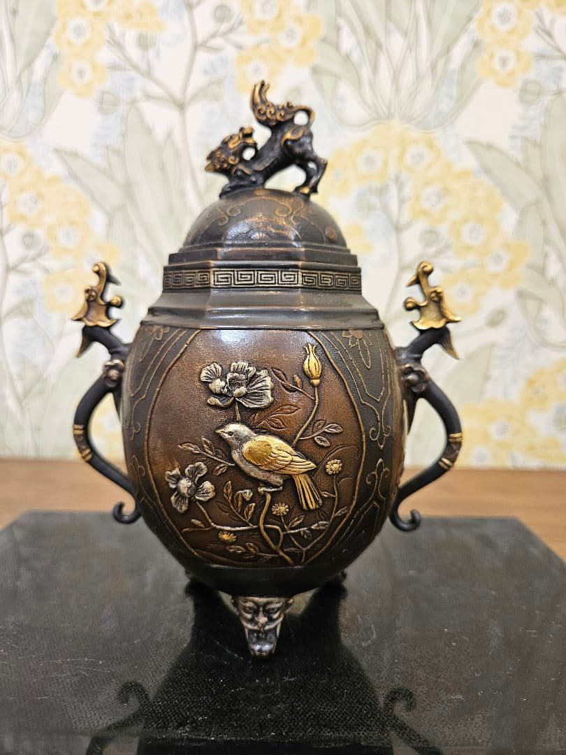 香炉/香器『高岡銅器【鉄鉢形香炉/獅子蓋/古手色】銅製[空薫用]』竹中