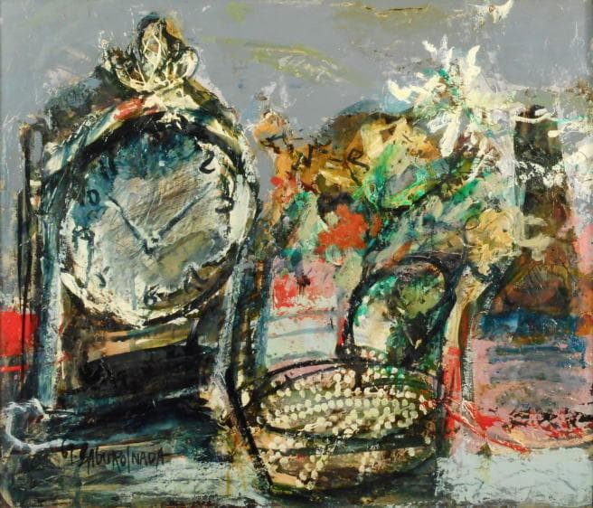 真作【稲田三郎／時計とウィスキー／油彩／原画／直筆サイン】