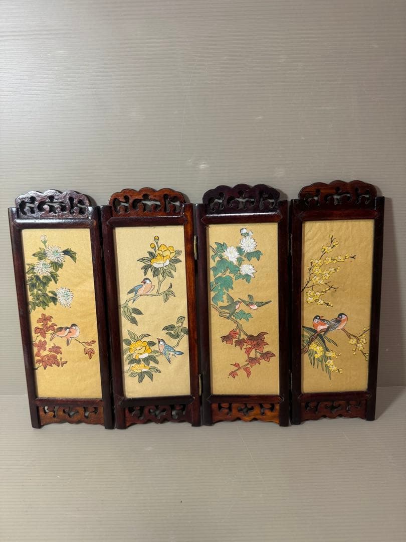 2874 中国美術工芸品 四美人花鳥図 卓上屏風 時代物 2874 中国美術工芸