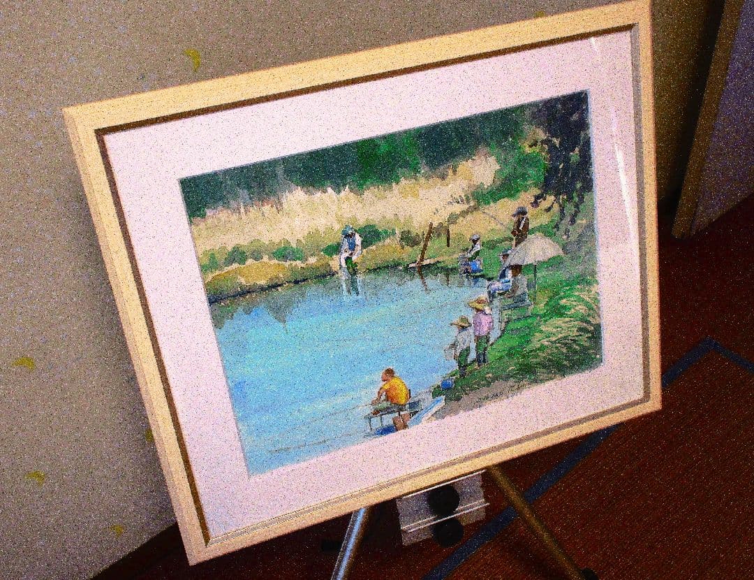 釣り人達水彩画 木製フレーム付き