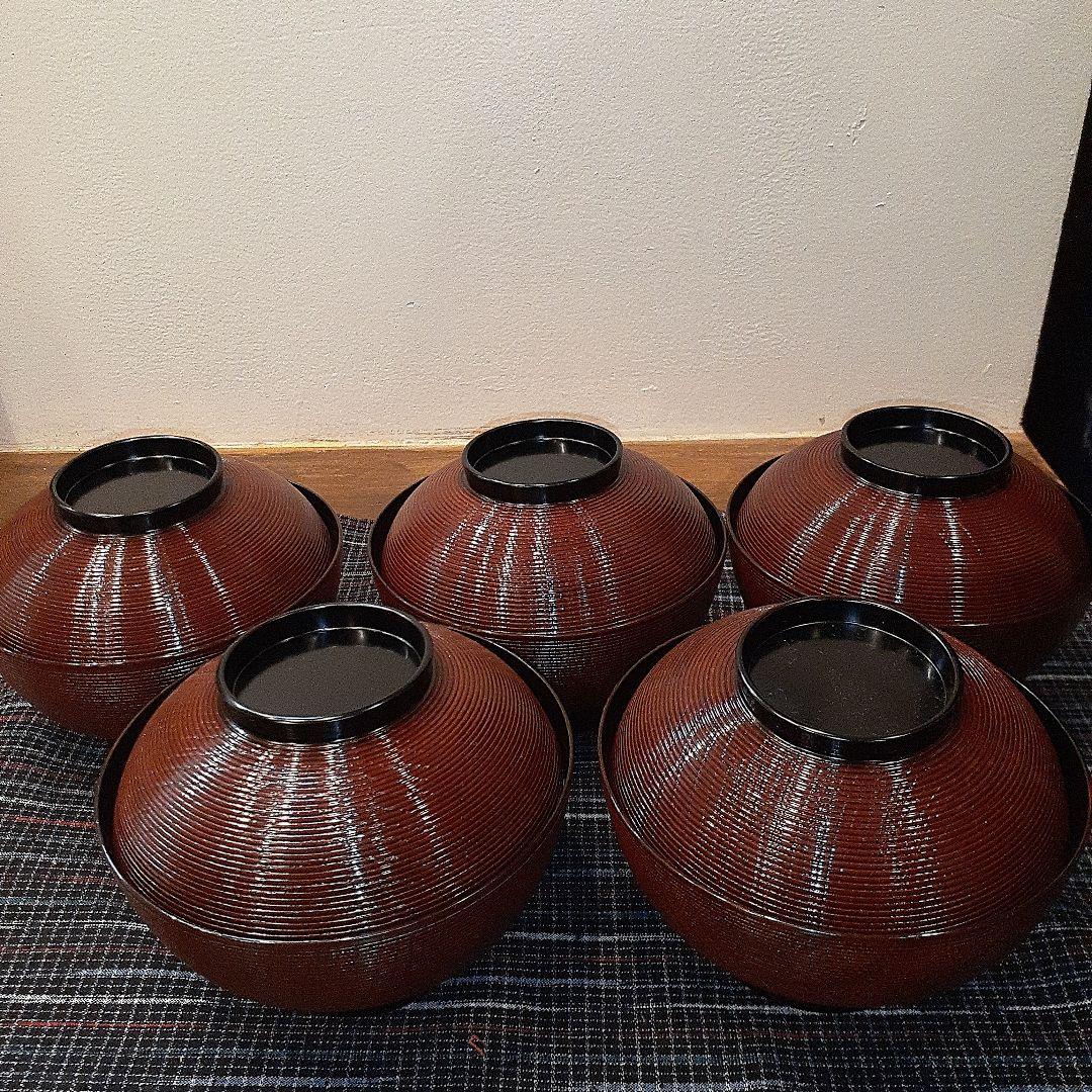 【Z029】漆器　輪島塗り　波千鳥蒔絵　煮物椀 5個セット