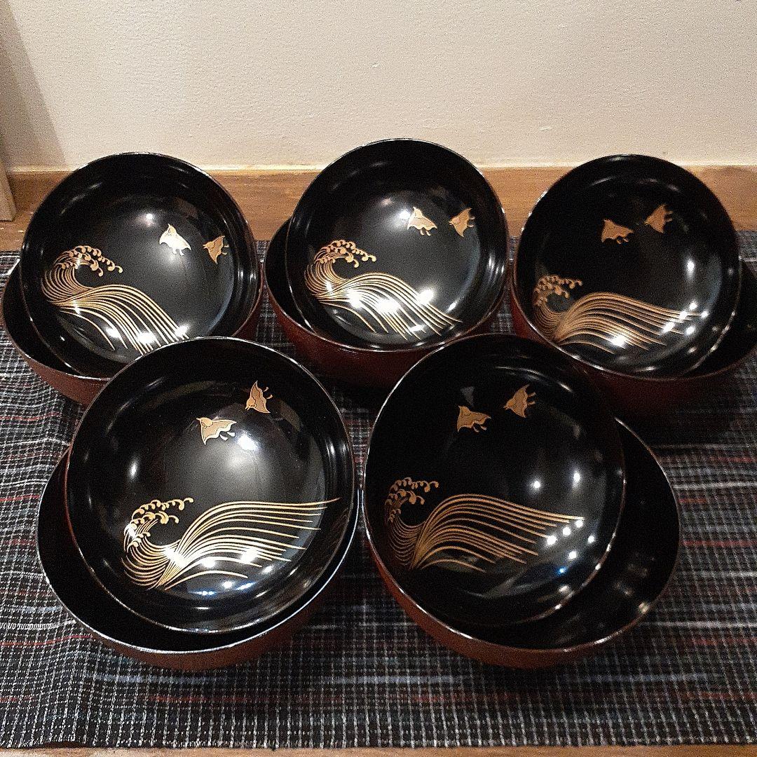 【Z029】漆器　輪島塗り　波千鳥蒔絵　煮物椀 5個セット