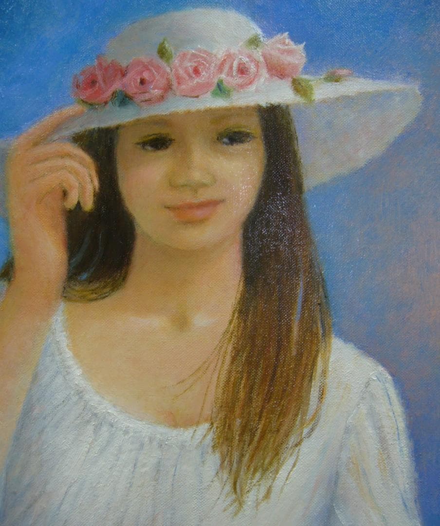 絵画 油絵  堀内政子  肉筆油絵 人物画  花帽子　F6