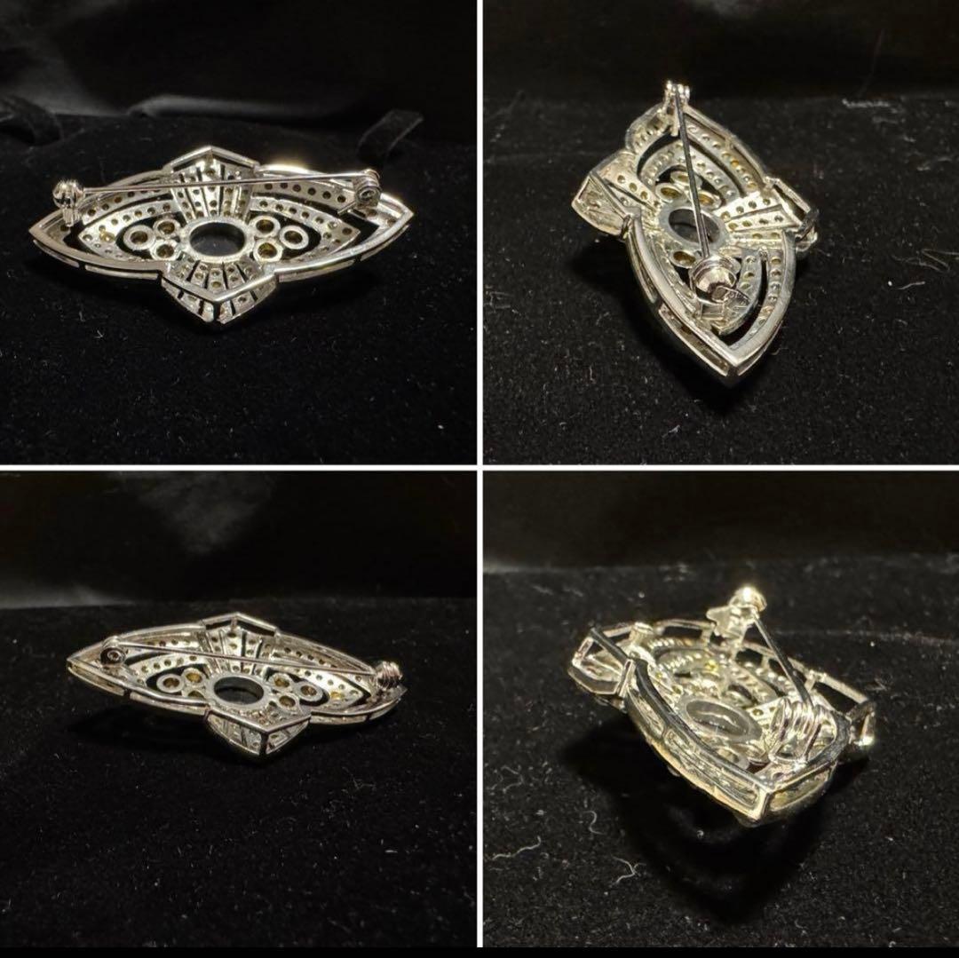 フランス ヴィンテージ 銀張りのライトストーンと黒色石のブローチ