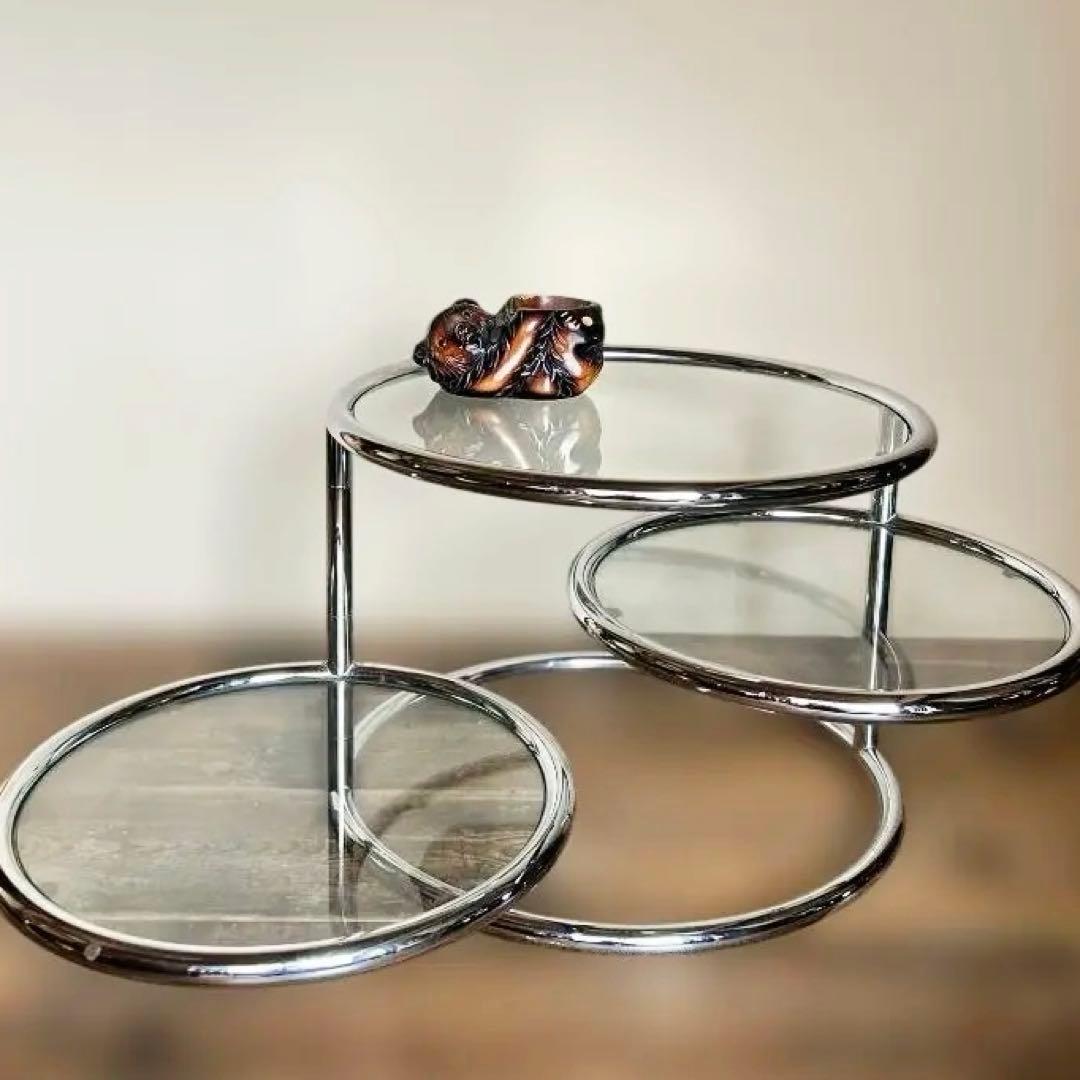 ミッドセンチュリー ガラステーブル４段 丸テーブル 可変式 モダン ミッドセンチュリー ガラステーブル 4段 可変式 丸テーブル インテリア