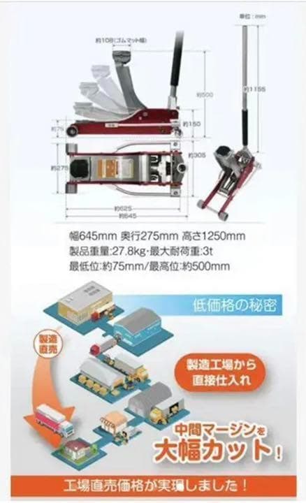 中古美品　油圧ジャッキ 低床 3t フロアジャッキ ガレージ 軽自動車 オレンジ