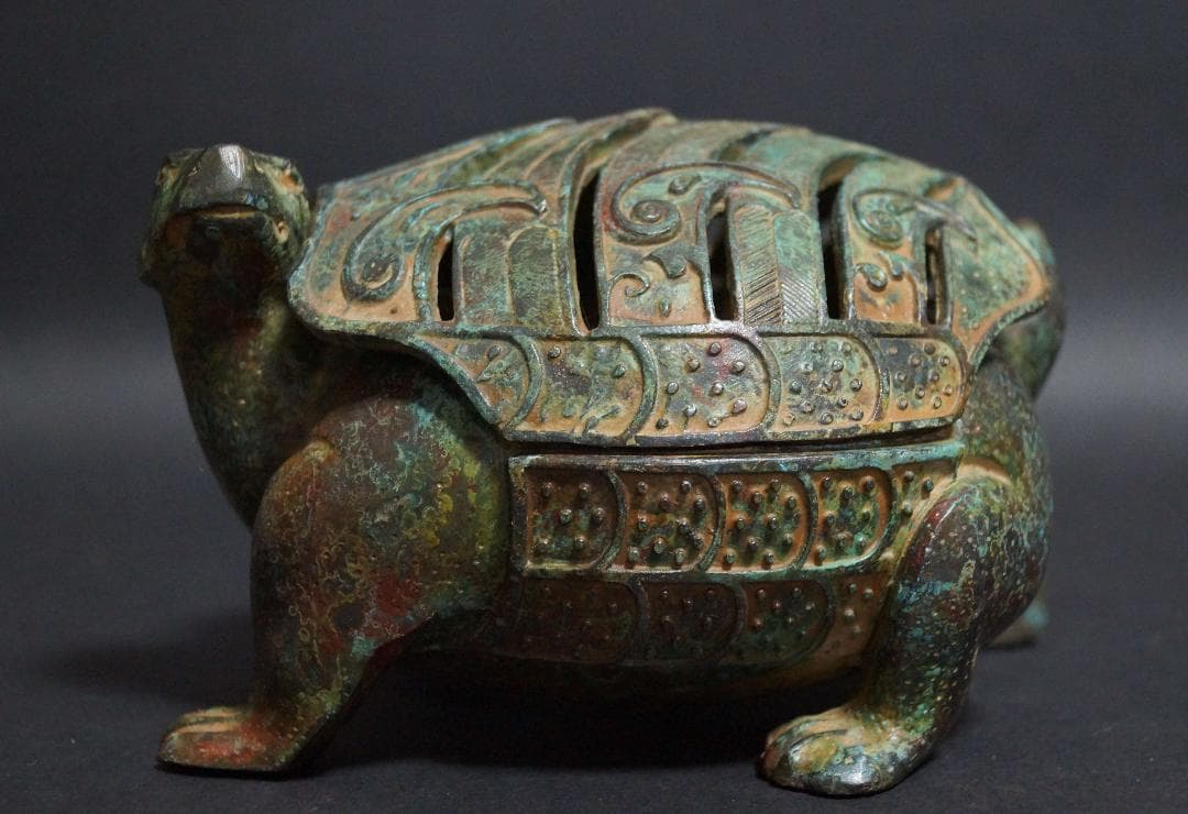 時代青銅製 金工細工 亀香炉 薫香炉 銘文付『亀の置物』 オブジェ 古美術茶道具
