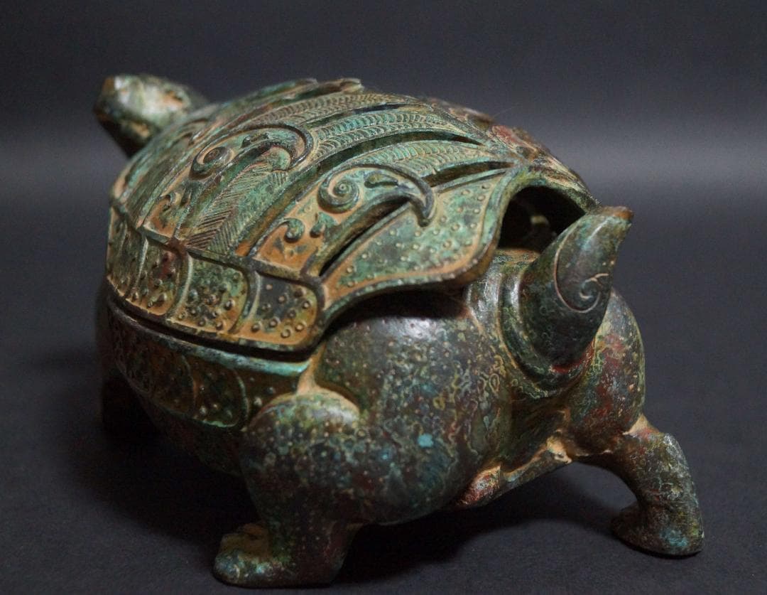 時代青銅製 金工細工 亀香炉 薫香炉 銘文付『亀の置物』 オブジェ 古美術茶道具
