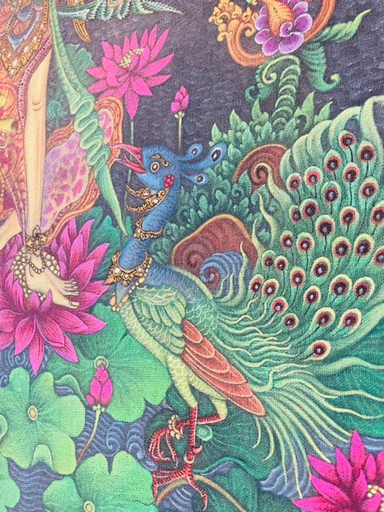 バリ絵画 縦80cm横60cm 額縁無 女神 鳥 孔雀 クジャク peacock