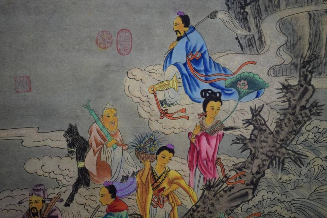 真作/孟元/八仙図/布袋屋掛軸HD-872