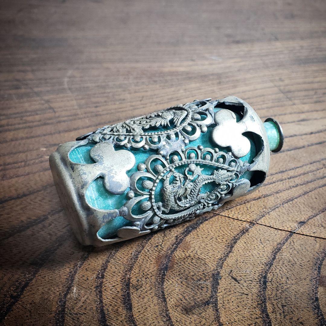 中国骨董 小壺 鼻煙壺 竜 龍 鳳凰 玉石 銘 一輪挿し