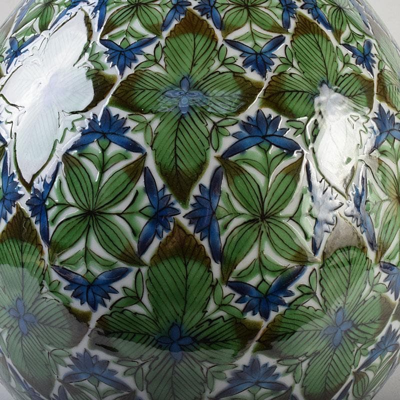 九谷焼　宮川哲爾造　色絵草花更紗文　壷　共布共箱　M　R9261H