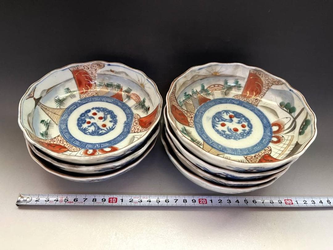 皿■伊万里赤絵膾鉢 なます皿 7客（明治期）山城 松竹梅 手描き印判 蛇の目高台