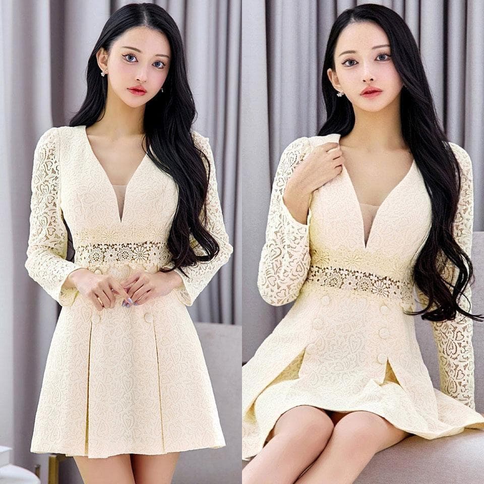 Donia Quinn ドニアクイーン 総レース ボックスプリーツ ミニドレス