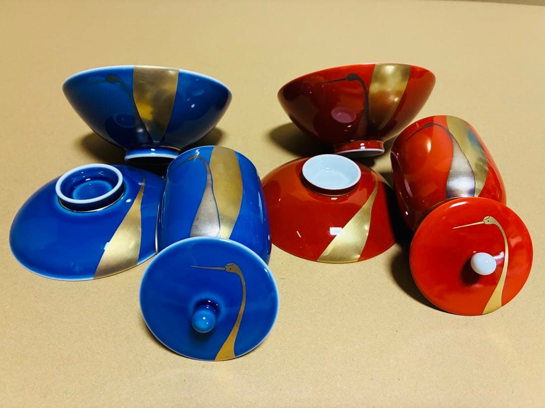 新品】有田焼 深川製磁 睦揃 夫婦鶴 夫婦蓋付茶碗、蓋付湯呑 各2個 木