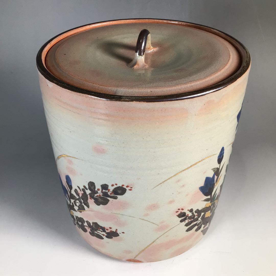 Ｎ７２３　水指　『菰山窯　宮田豊造』『金彩秋草文』『一重口水指』　共箱　茶道具