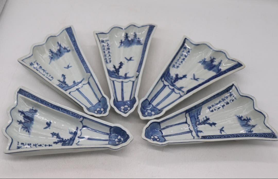 古染　半開き扇子型向付5点　山水人物紋　足付　送料込み251002 染山水半扇小付 – うつわ御結