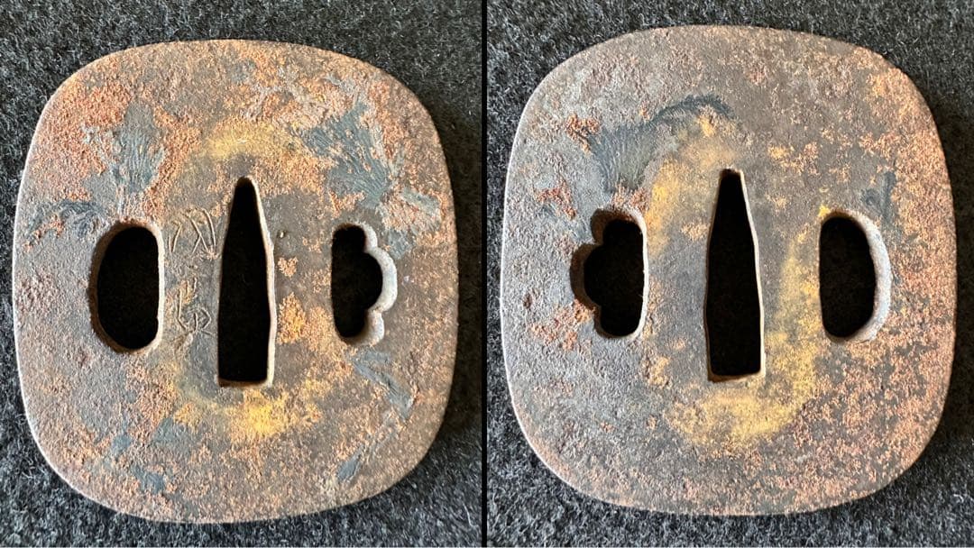 刀装具　 脇差　拵え　鍔【国廣】銘　花文目貫　時代 武具　 骨董　古美術　現状A