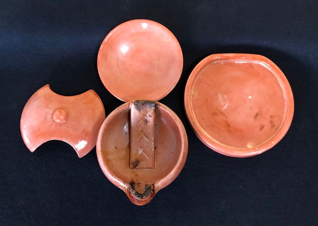 R》茶道具 夜咄 茶事 短檠 赤楽雀瓦 松楽 元箱 （240417C3） - 工芸品