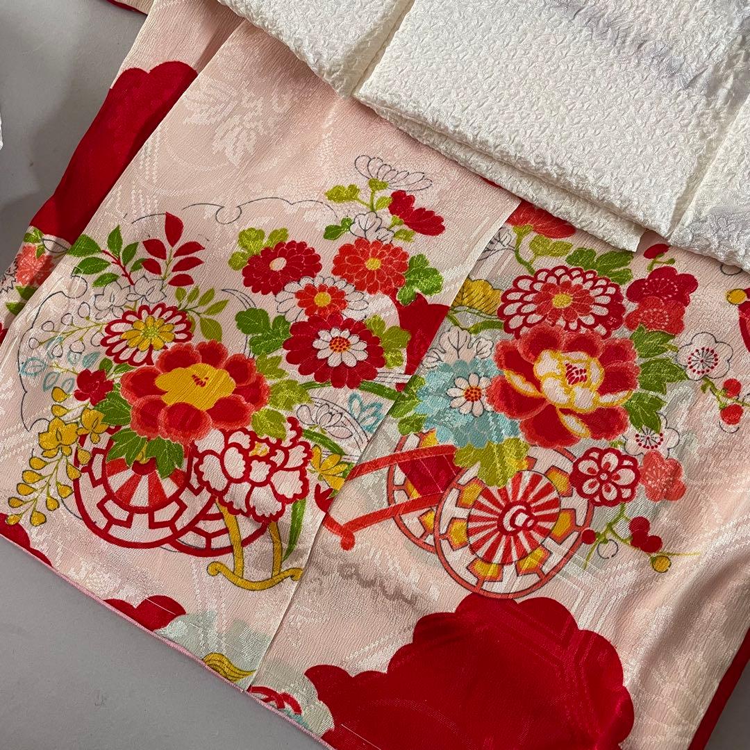 七五三　3歳　正絹　アンティークお着物セット　総絞り被布　ハンドメイド　巾着