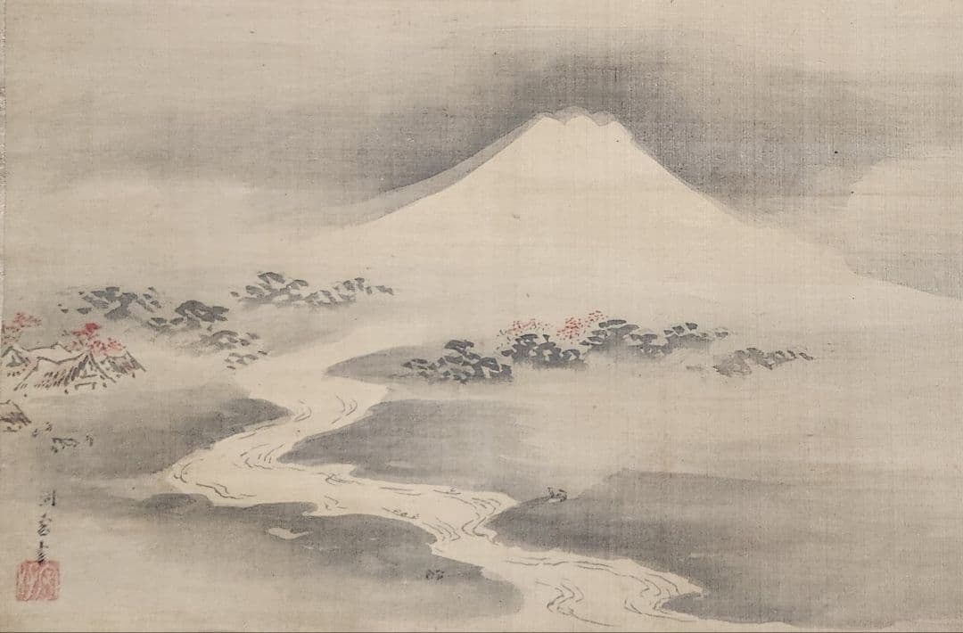 【富岳富士川下り図】狩野洞雲益信 1005 江戸狩野古画 掛け軸 肉筆