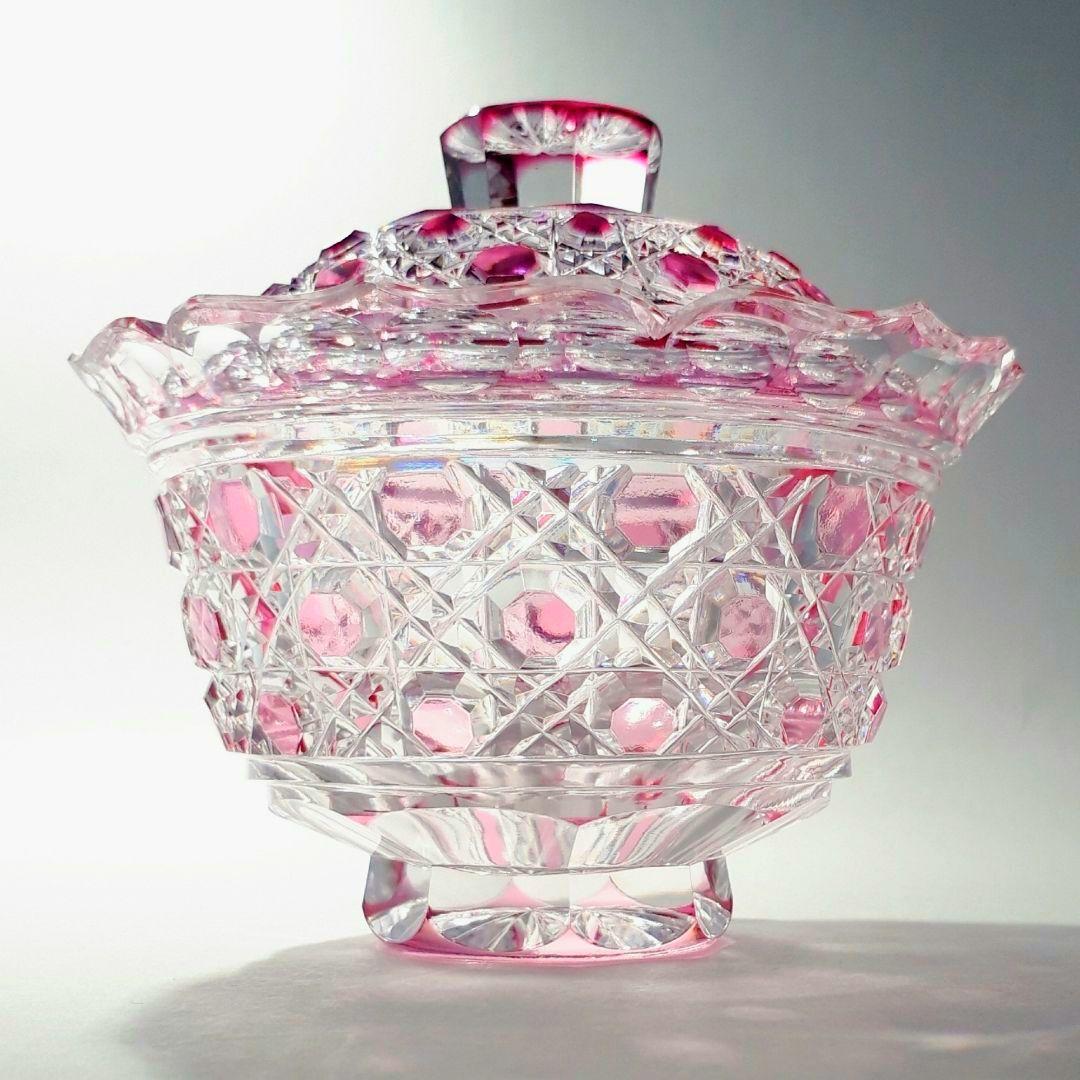 江戸切子 堀口硝子✩秀石 金赤色被せ 八角籠目 蓋物 【 美品 】 薩摩