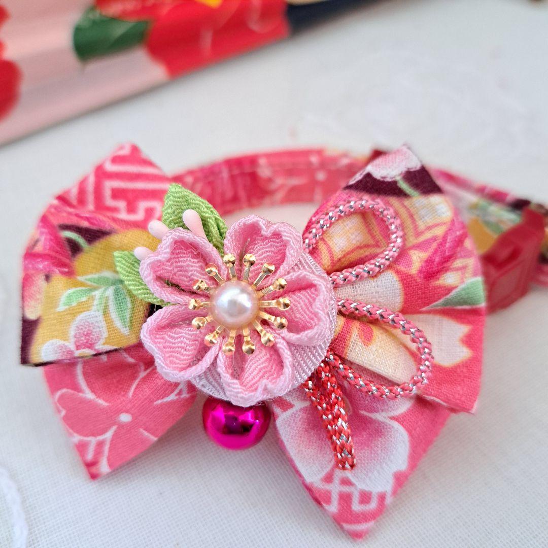 つまみ細工(ピンク②)わんちゃん猫ちゃん用首輪