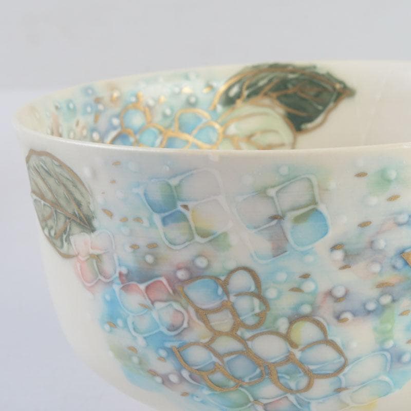 茶道具 京焼 橋本永豊作 色絵 紫陽花文 イッチン茶碗 共箱 V 9650