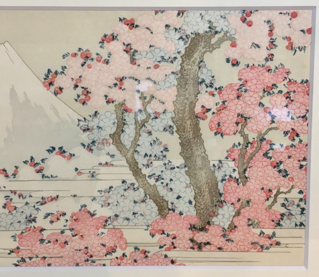 ○【復刻】葛飾北斎「桜花に富士図」木版画 アダチ版画 絵画 額装 日本画