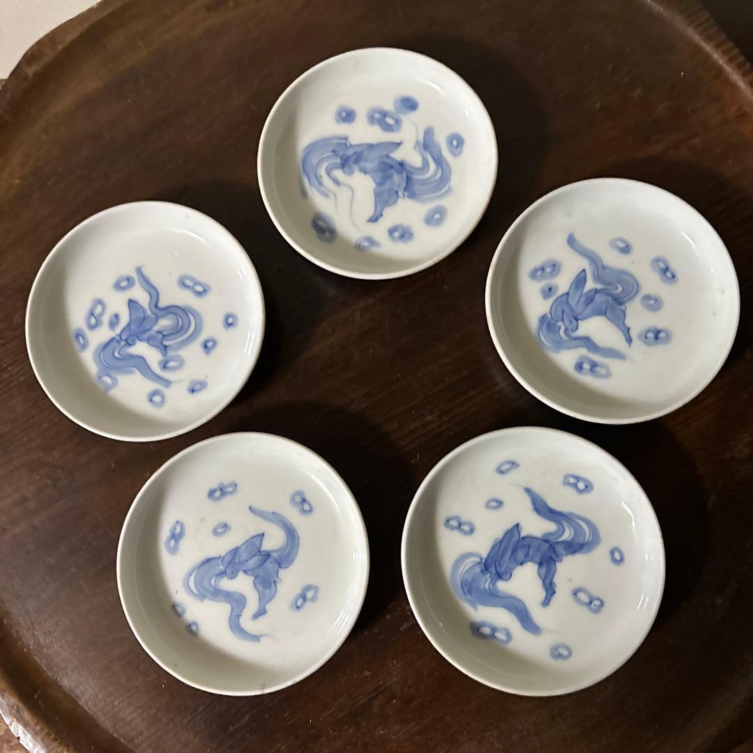 アンティーク 伊万里 うさぎ図染付小皿5点 幕末 明治 大正 検:白洲正子 李