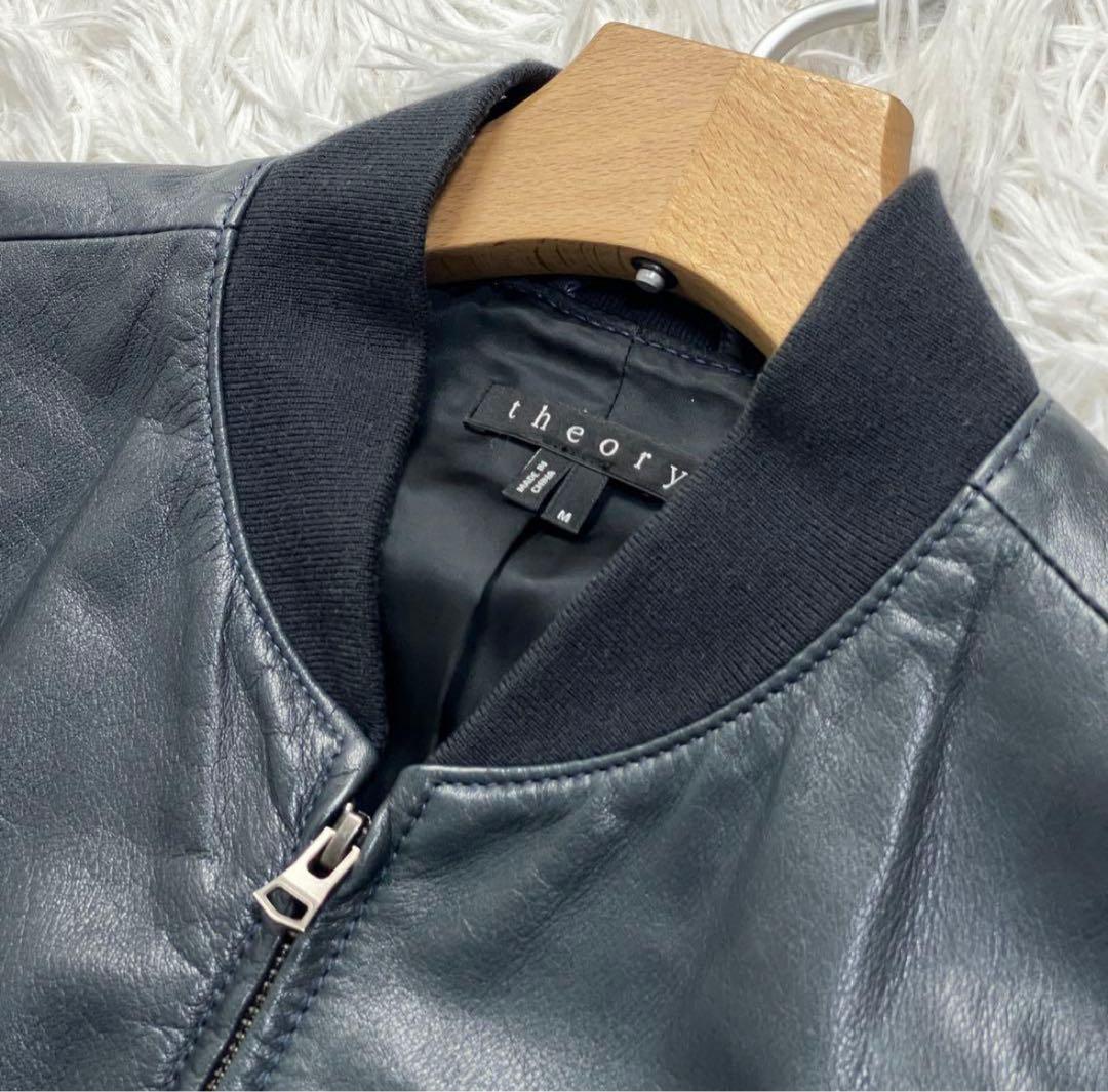 セオリー シングルライダースジャケット シープスキン ネイビー Mの