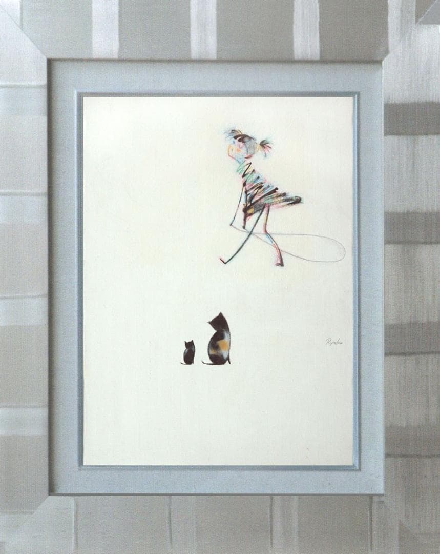 油絵 菅家令子 絵 絵画インテリア額付(青緑＋金色の枠)F4-030319猫女子