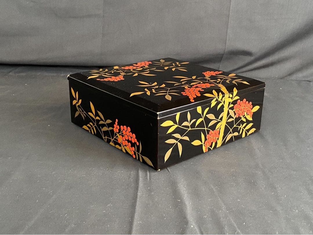 時代 南天蒔絵 黒塗内朱 五段重箱 二枚蓋 共箱 江戸末期 底梨地 / 輪島塗
