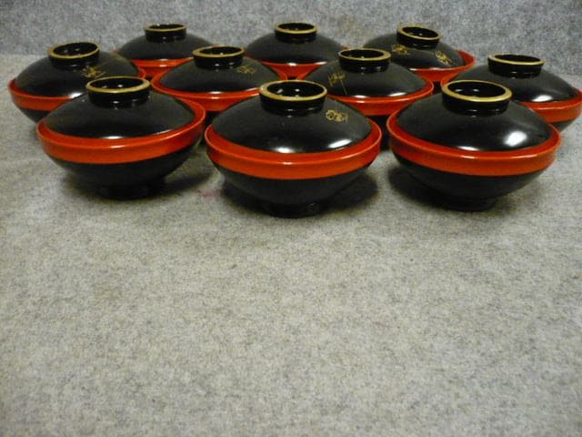 朱塗 沈金 月夜に舟図 吸物椀 10個 [B31538]