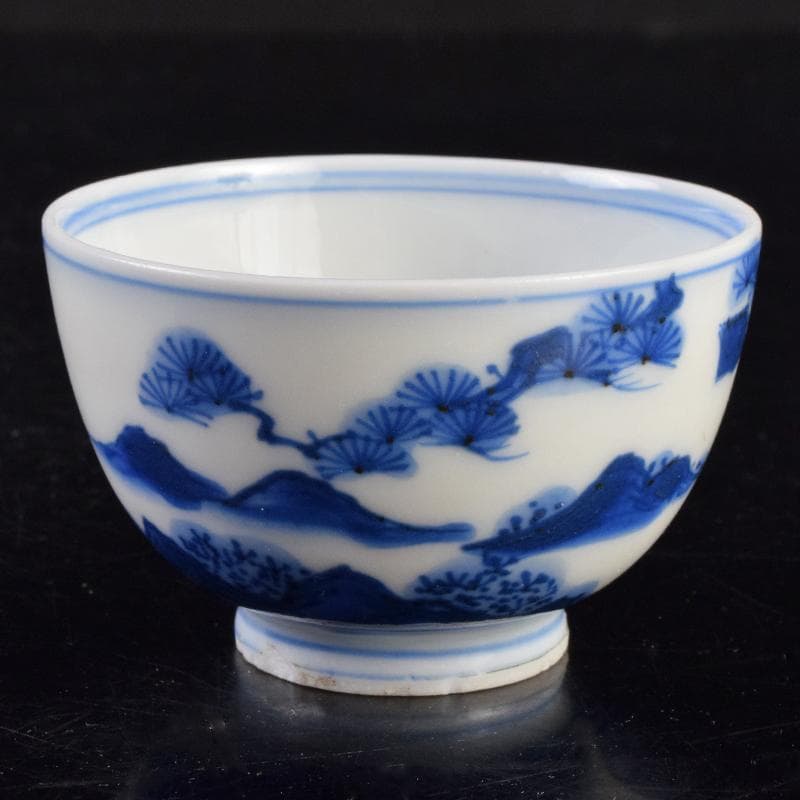 中国 青花 漢詩山水人物文 煎茶碗 時代箱付 V R9489