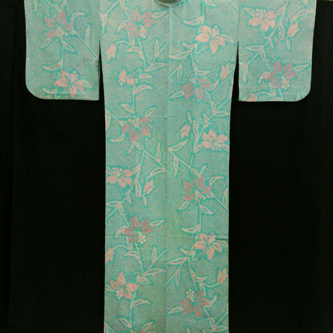 有松鳴海絞り浴衣　(ユリ紋様　未使用　裄たっぷり　翡翠色系)