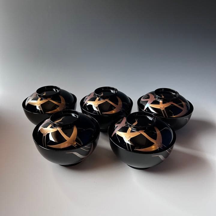 煮物椀　琳派　鶴蒔絵　五客組　静寛　共箱　山中塗　懐石　漆器　正月　初釜　茶道具