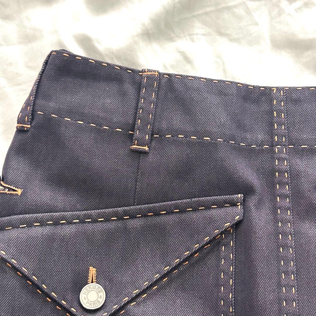 美品 HERMES エルメス スカート セリエ デニム ステッチ パープル 紫