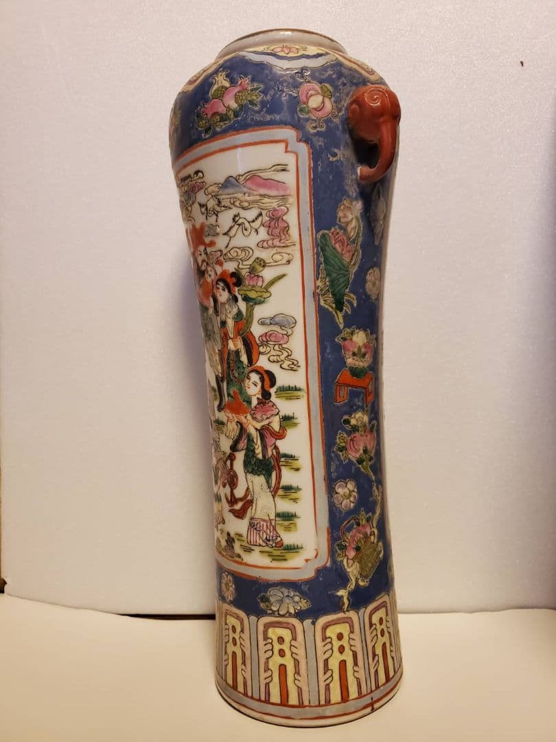 中国古玩 大清同治年製 粉彩人物図獣耳花瓶