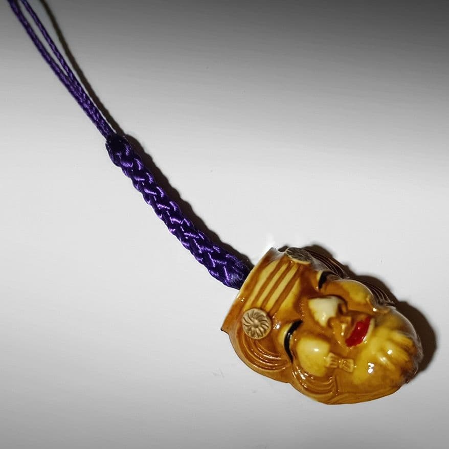 翁 根付け ストラップ 能面 能 お面 おめん ねつけ 根付 根付け紐 紫色