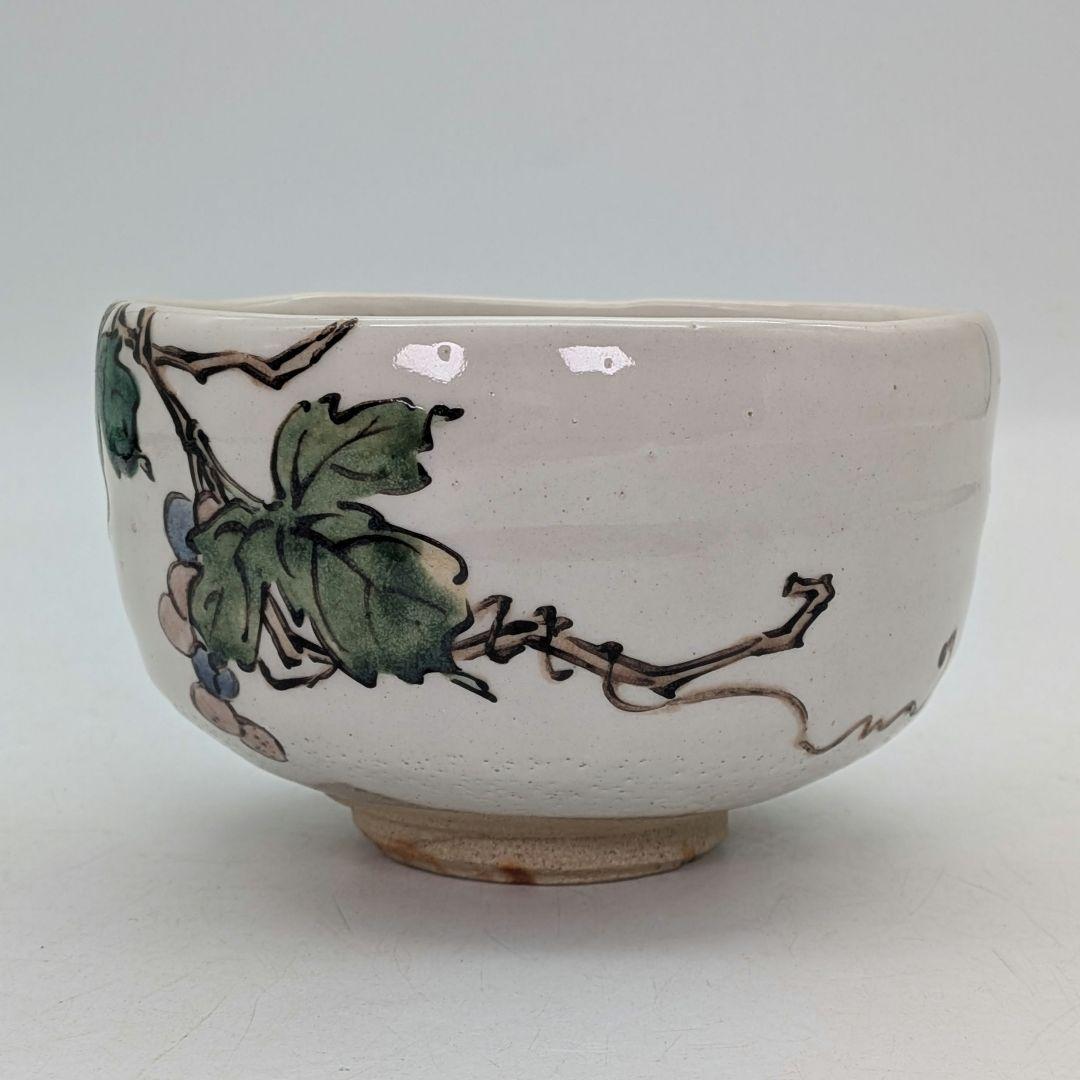 力石俊二 色絵葡萄文茶盌 共箱栞 益子焼 抹茶碗 抹茶茶碗