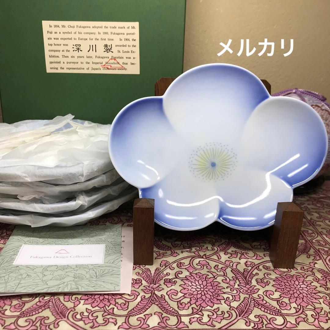 小皿5枚 深川製 花文様 木箱付き 深川ブルー 染付 金彩 2025