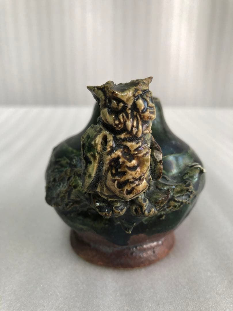 フクロウ 古織部焼 古美術 工芸品 花器 高さ約8cm 置物 インテリア