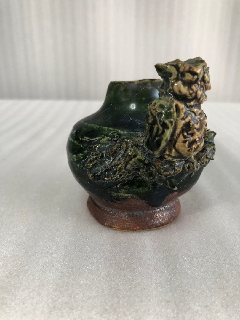 フクロウ 古織部焼 古美術 工芸品 花器 高さ約8cm 置物 インテリア