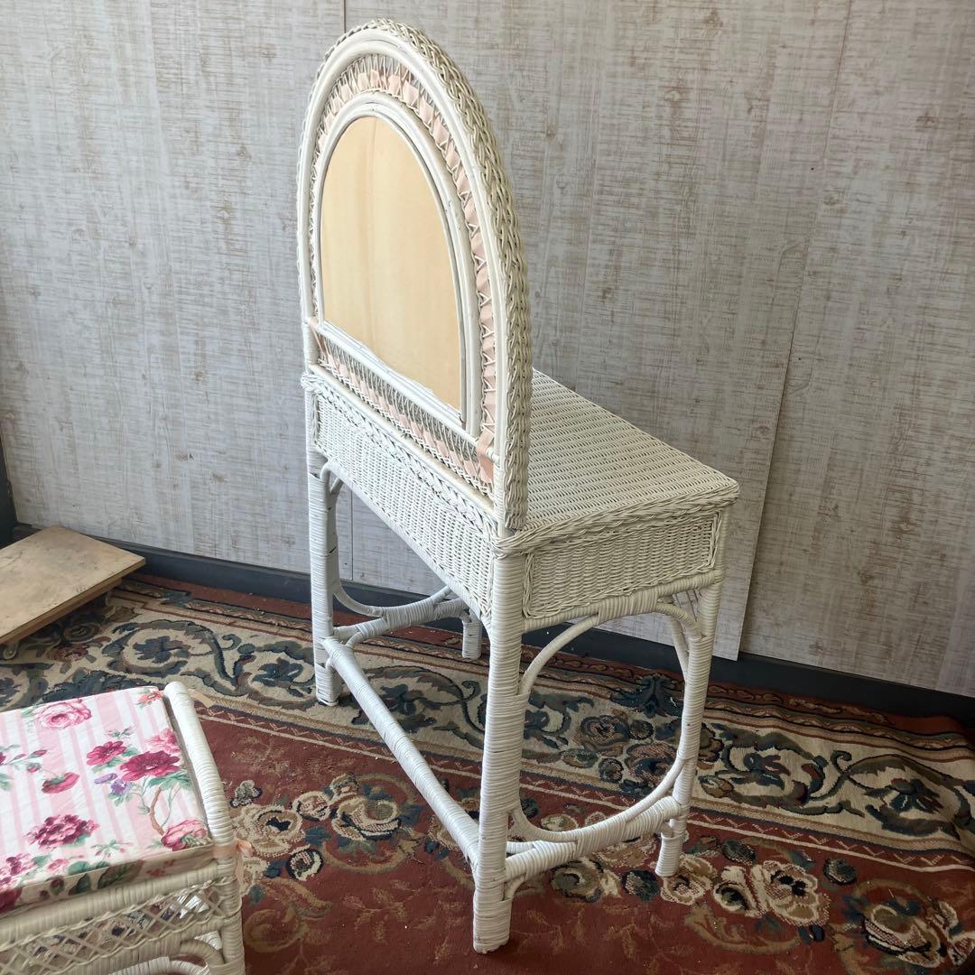 北欧レトロ 姫系 ラタンドレッサー 鏡台 椅子&ゴミ箱付き ビンテージ