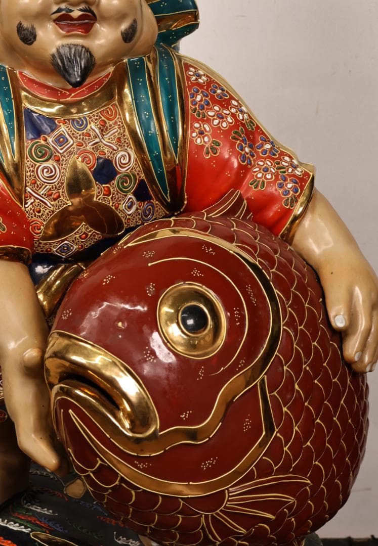 九谷焼 峰光 銘 色絵金彩 恵比寿像 七福神 置物 高さ約62cm BK125