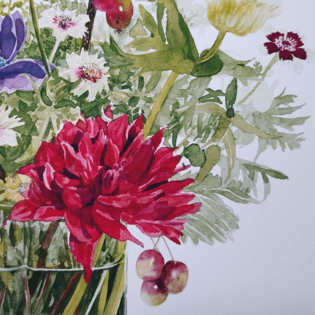 版画 額装品 柘植彩子 花の水彩画 ジクレー 限定 木製フレーム付