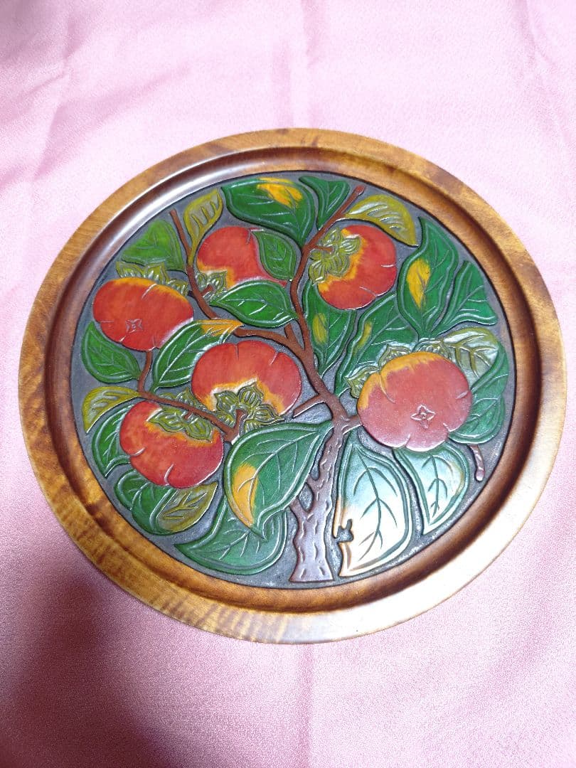 讃岐 盆 柿の木 漆 彩色 黄金楠木 彫刻 在銘 アンティーク 工芸品 置物